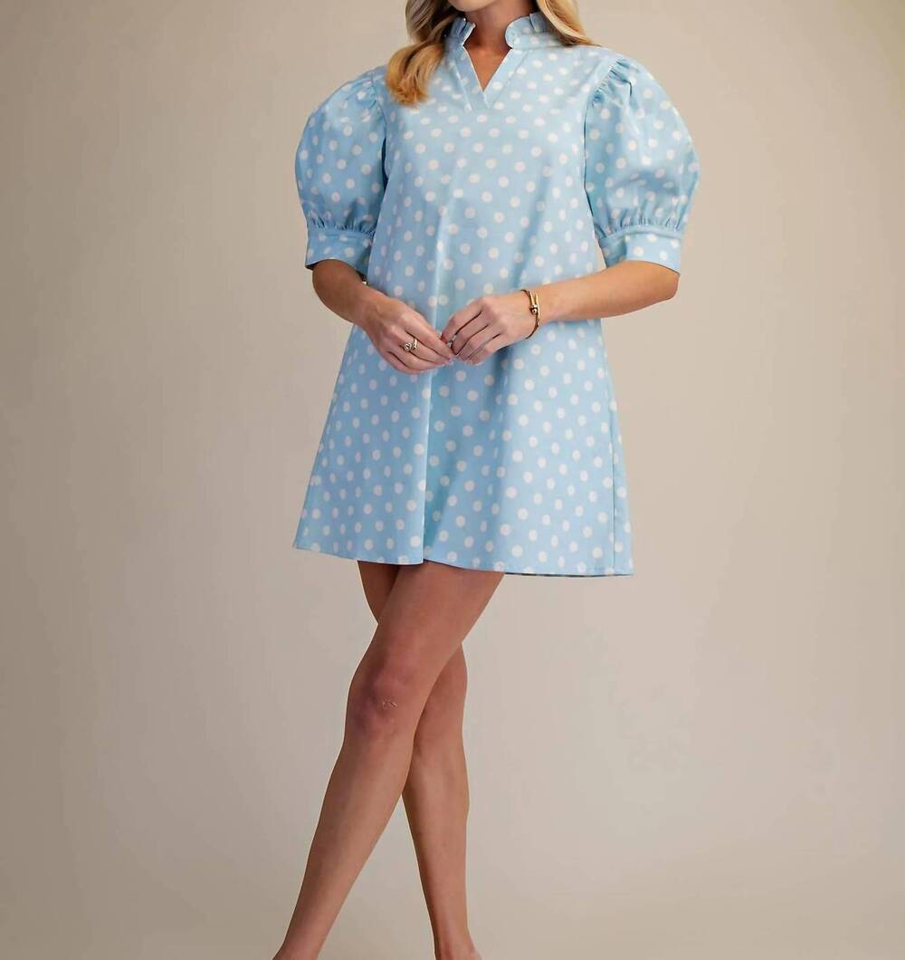 NEW GLAM ruffle v-neck polka dot mini dress in sky